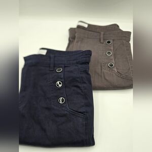 Two Loft Sailor Sateen Nautical Buttons Midrise Skinny Pants Gray Blue Sz 28